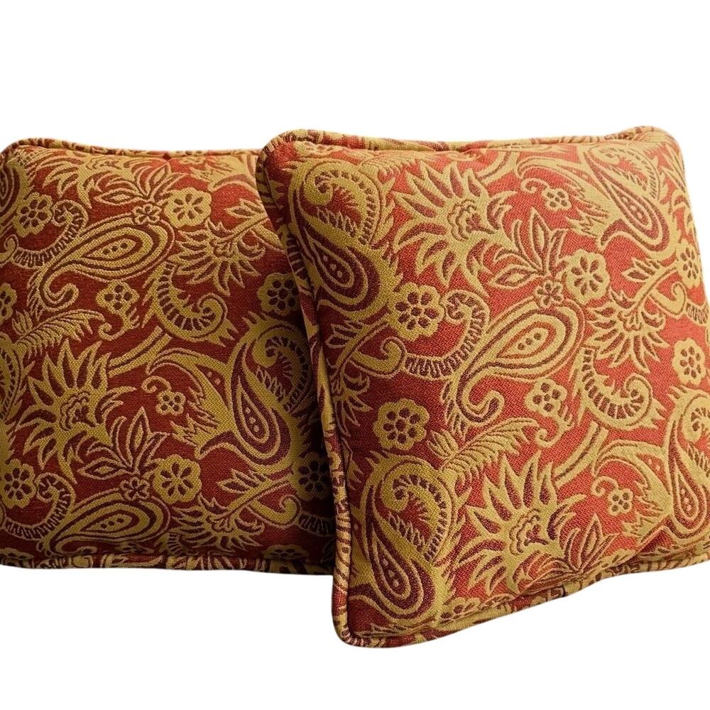 Burnt Orange Rust Gold Pillow Set 2pk Jacquard Paisley 16"